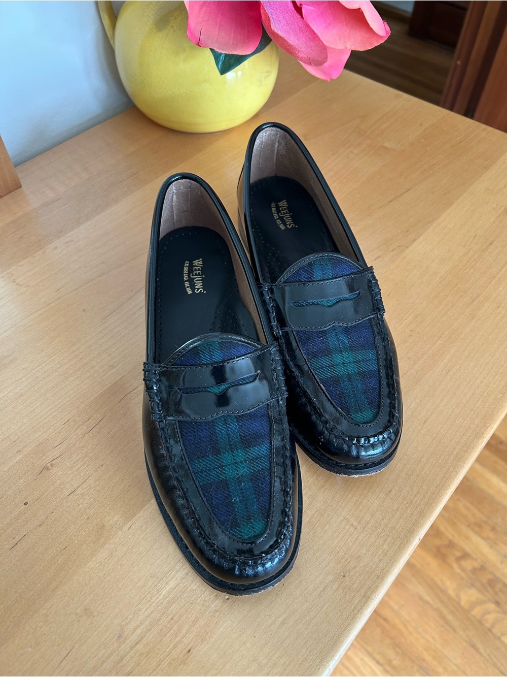 G.H. Bass Women’s loafers in black and tartan
